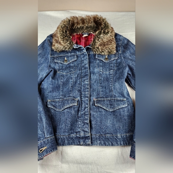 VTG Grizzly Plaid Flannel Lined Denim Jean Jacket Coat Removable Fur Collar Med - Picture 3 of 8